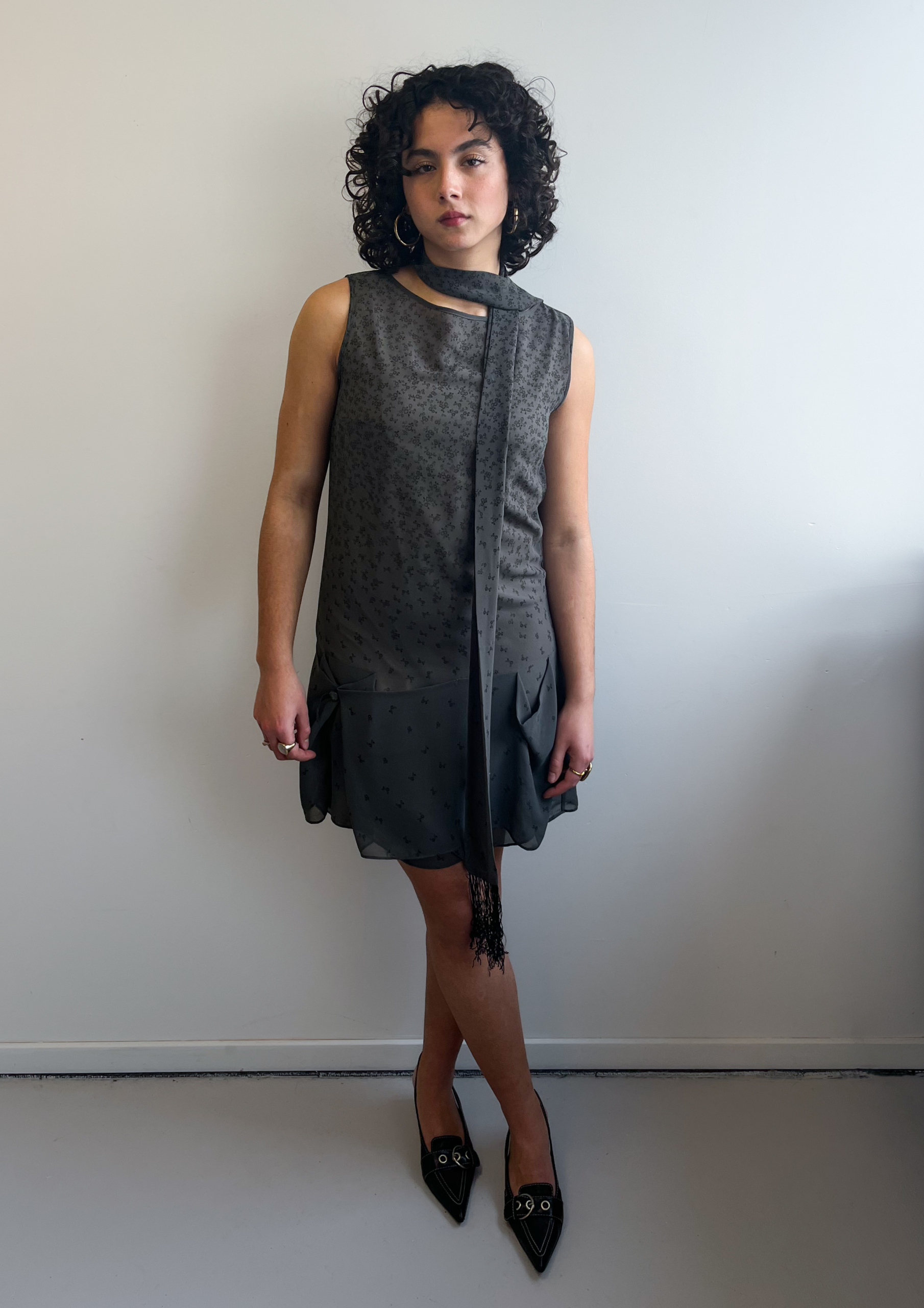 Grey Floral Dress with Scarf