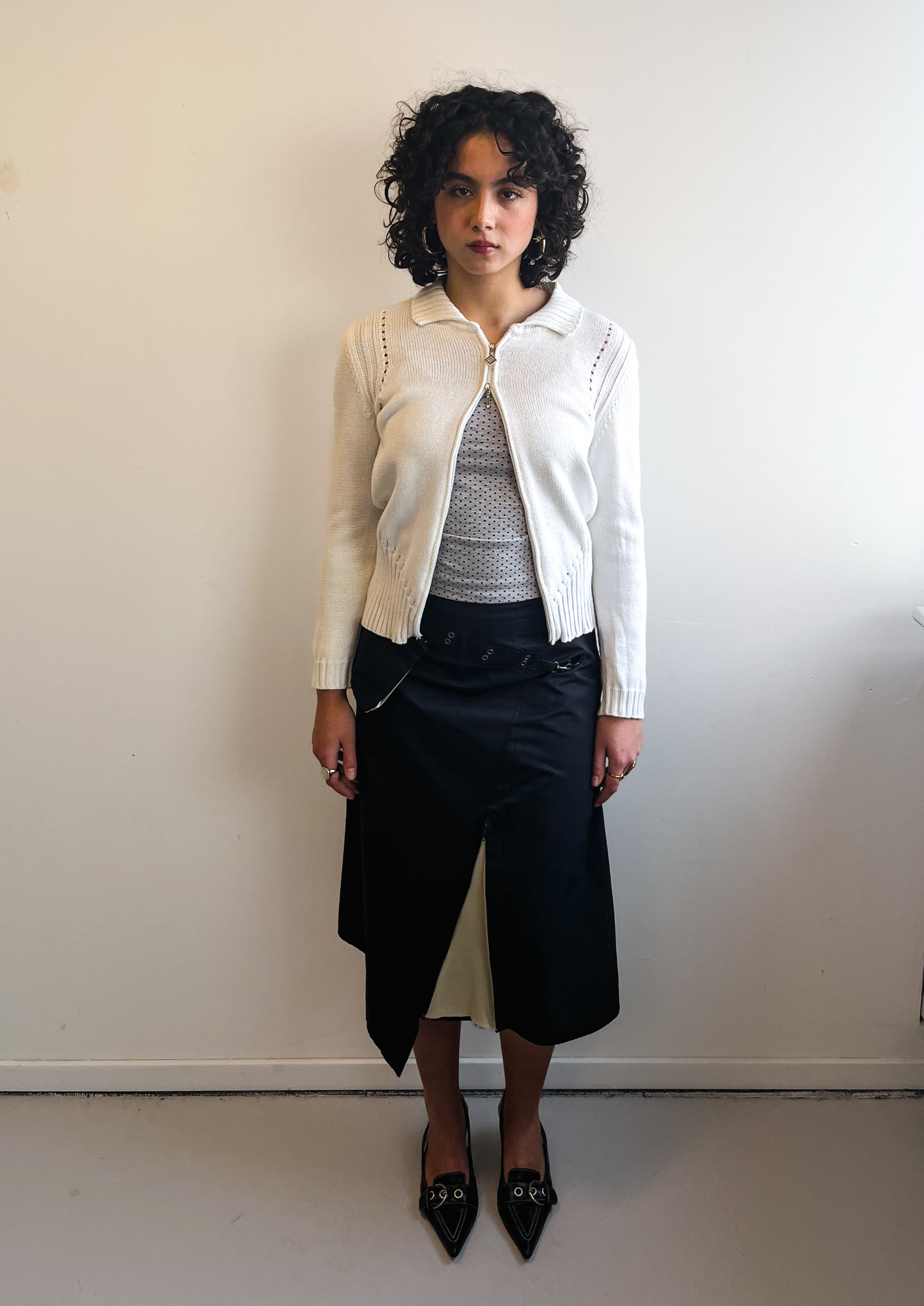 White Cotton Knit Zip Up